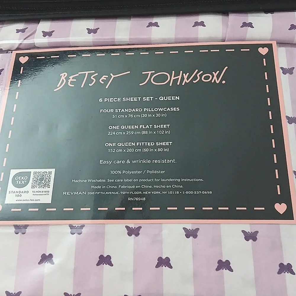 Betsey Johnson White & Purple Striped Butterfly Queen 6 Piece‎ Sheet Set NEW